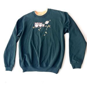 Owl birdie sweater cozy collared sweatshirt comfy green yellow  size L